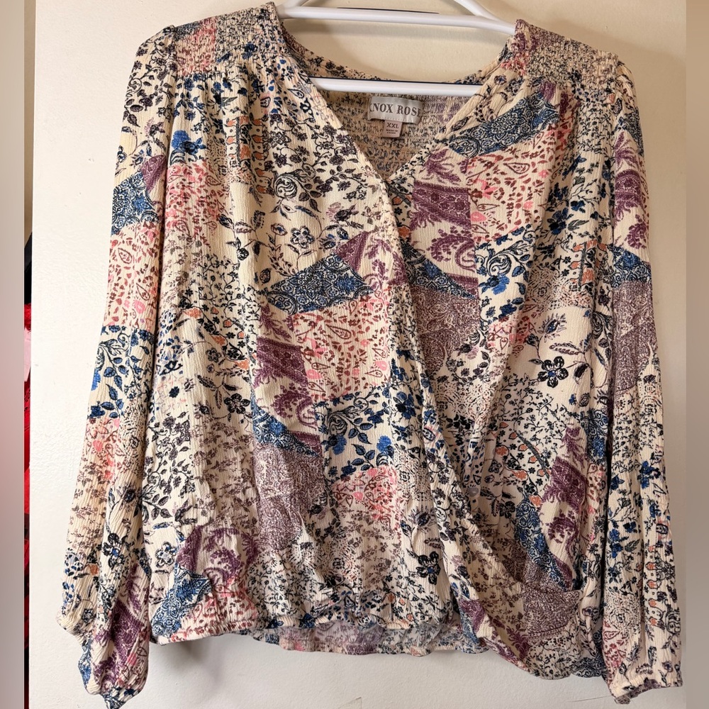 Knox Rose Boho Floral Patchwork Blouse XXL Long Sleeve Peasant Top